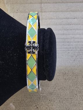 TORY BURCH Colorblock Enamel Hinged Bangle Bracelet in Yellow, Purple & Green